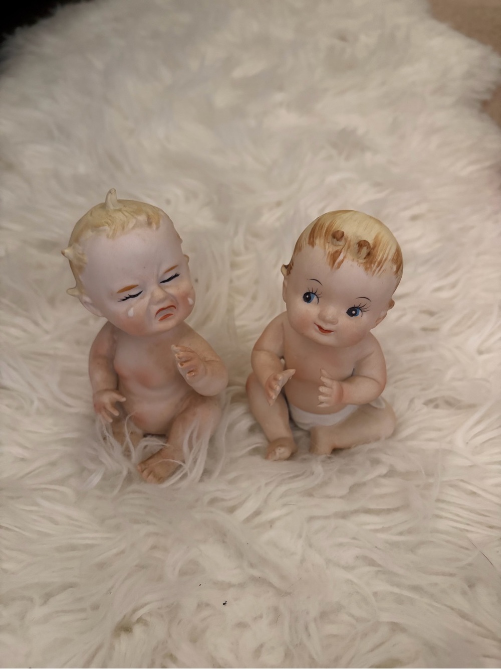Vintage 1960s porcelain bisque piano baby figurine pair